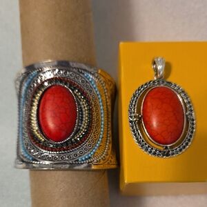 Silver and Red Stone Jewelry Set